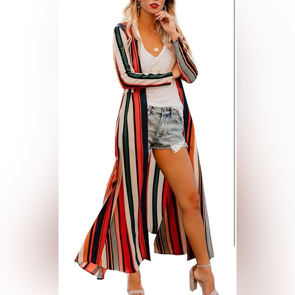 Multicolor Striped Open Front Kimono